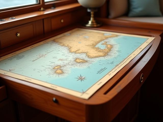 航海図が広がる美しい木製チャートテーブル