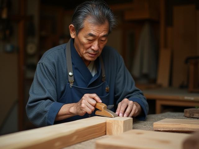 伝統的な木工道具を使い、集中して作業する熟練の木工職人