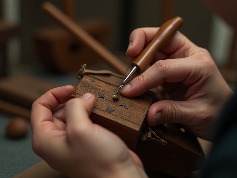 丁寧に修復されている古い木製の船の模型